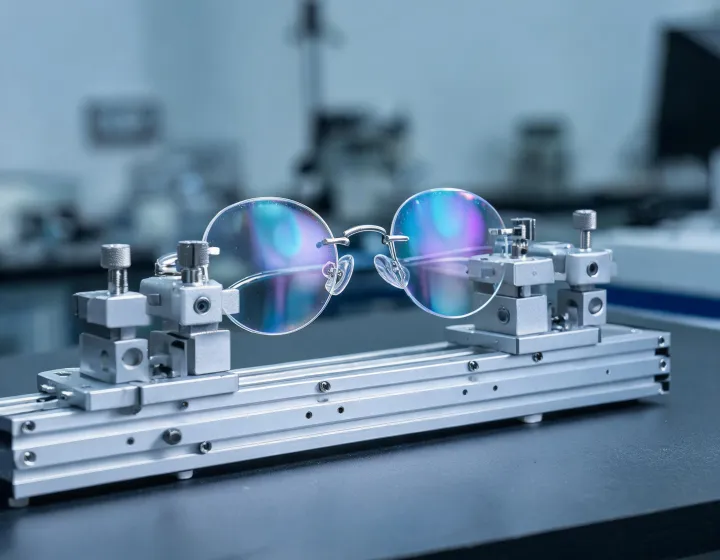 Unlabeled spectacle lenses with anti reflective coating staged on an optical bench