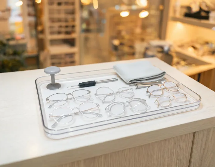 Optical retail tray with unlabeled anti reflective lenses beside fitting tools