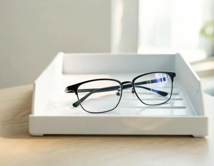 Reading glasses sample pair with anti reflective lenses on an approval tray